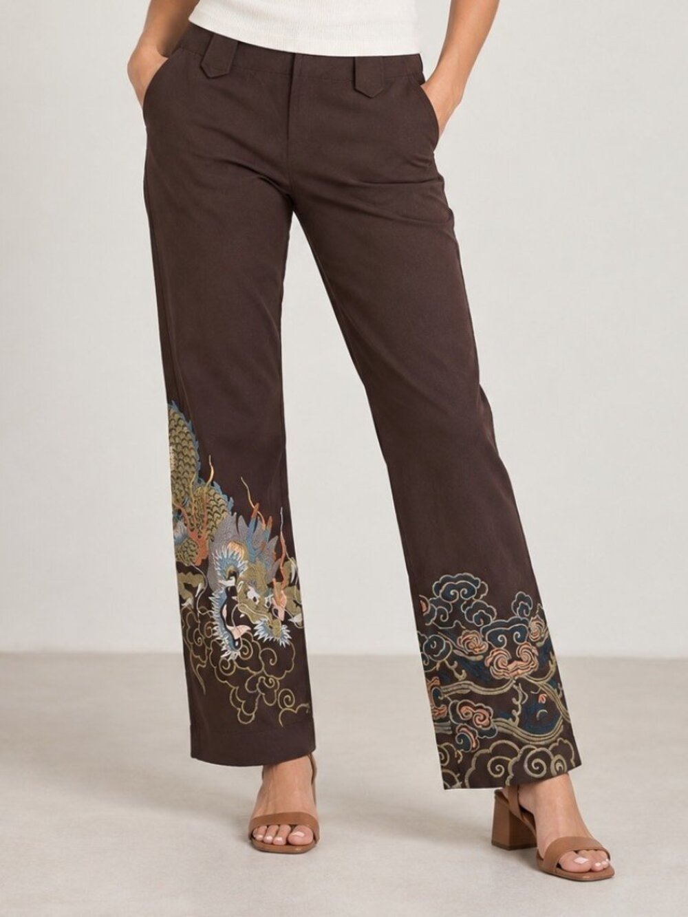 Biya Johnny Was Dragon Embroidered Low Rise Wide Leg Pants Brown Sz 6 Waist 28”